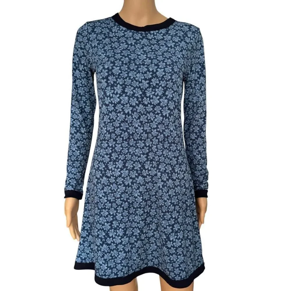 MICHAEL KORS Blue Indigo Floral Dress Long Sleeves Size Small Back Zip